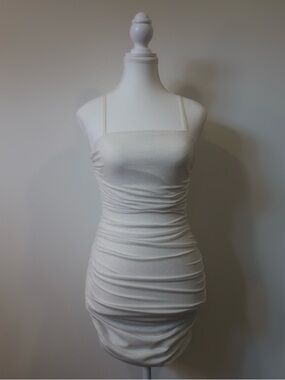 Eclipse White Sparkle Ruffle Ruched Mini Dress with Back Cutouts - XS